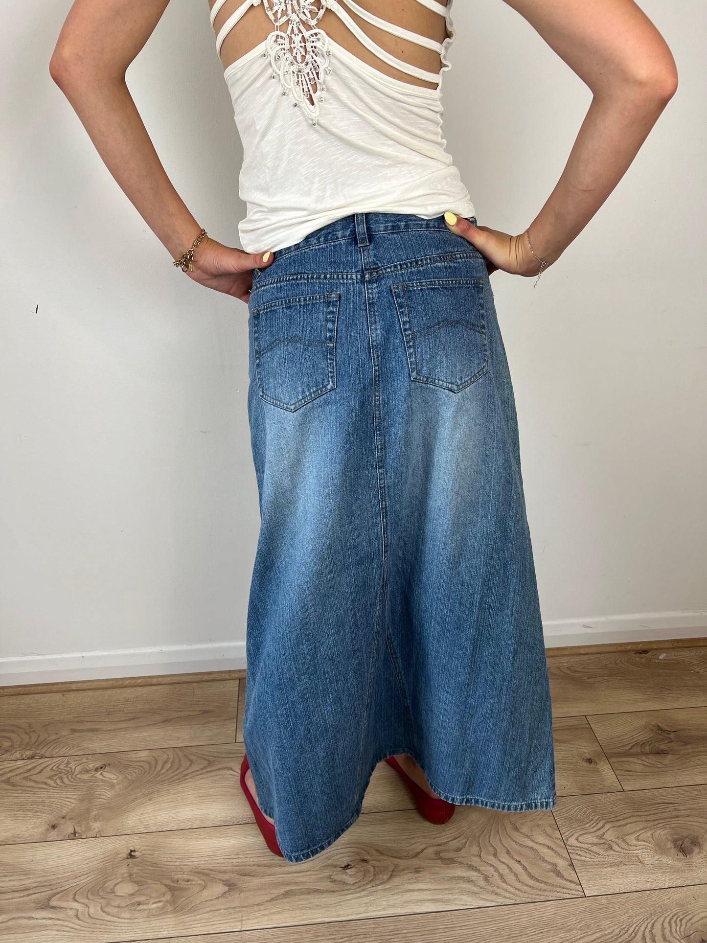 Vintage denim floral embroidered maxi skirt, S/M