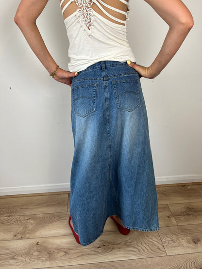 Vintage denim floral embroidered maxi skirt, S/M
