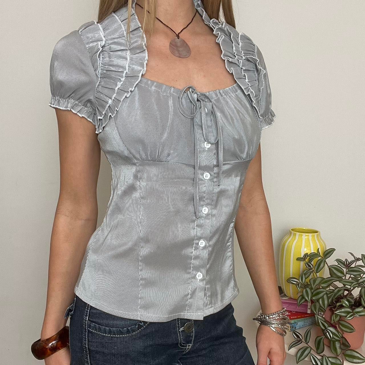 vintage 00s striped button up ruffle blouse