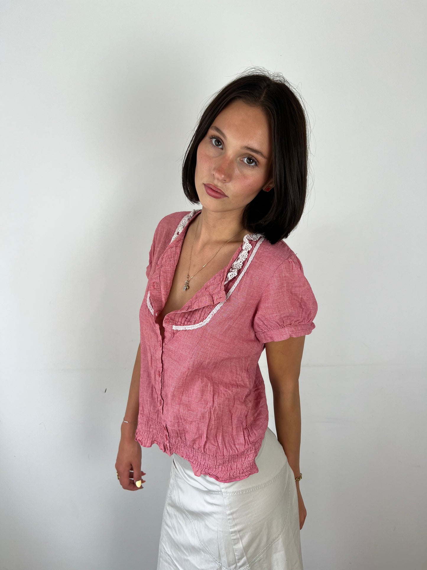 Vintage gingham milkmaid blouse, M/L