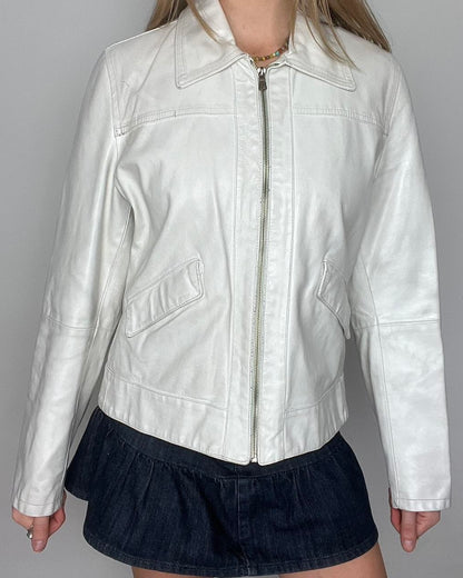 white genuine leather zip up jacket