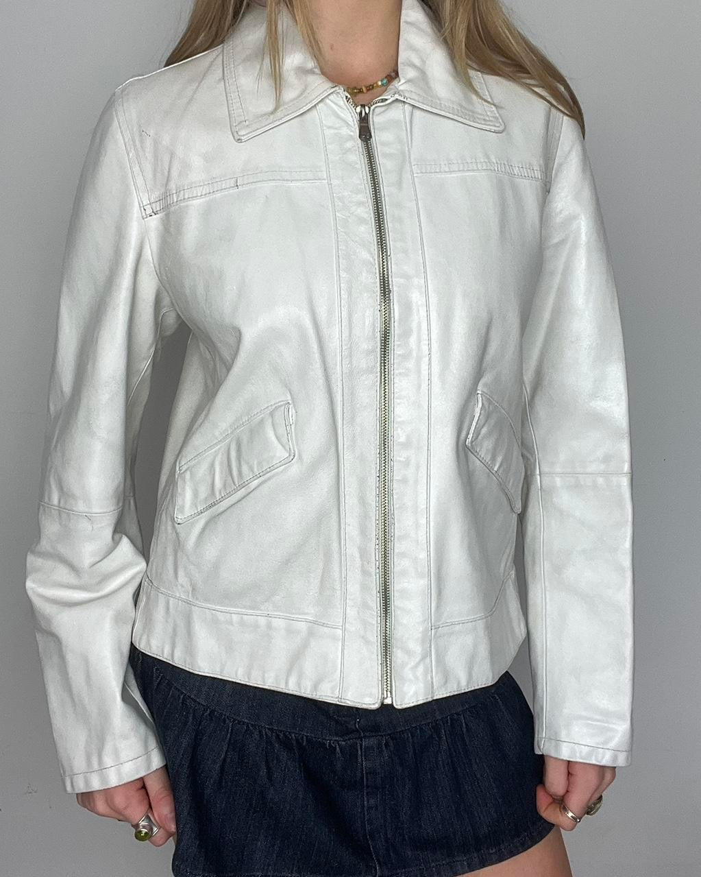 white genuine leather zip up jacket