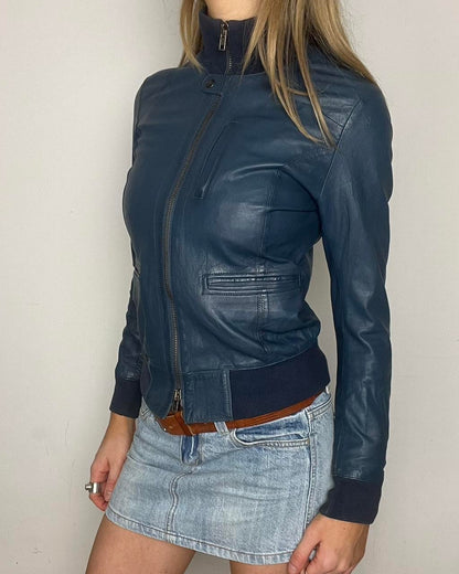 genuine leather navy zip up bomber jacket