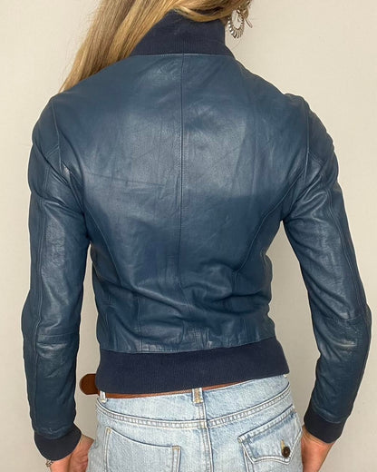 genuine leather navy zip up bomber jacket