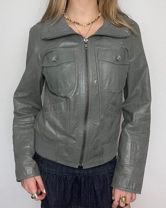 ONLY grey leather bomber jacket