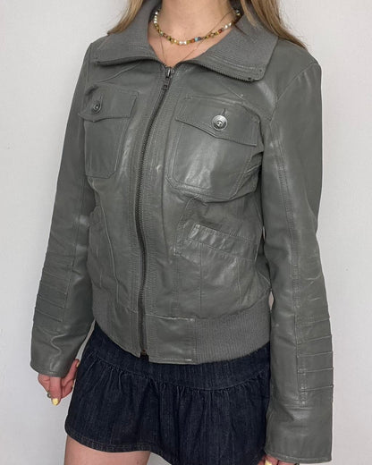 ONLY grey leather bomber jacket