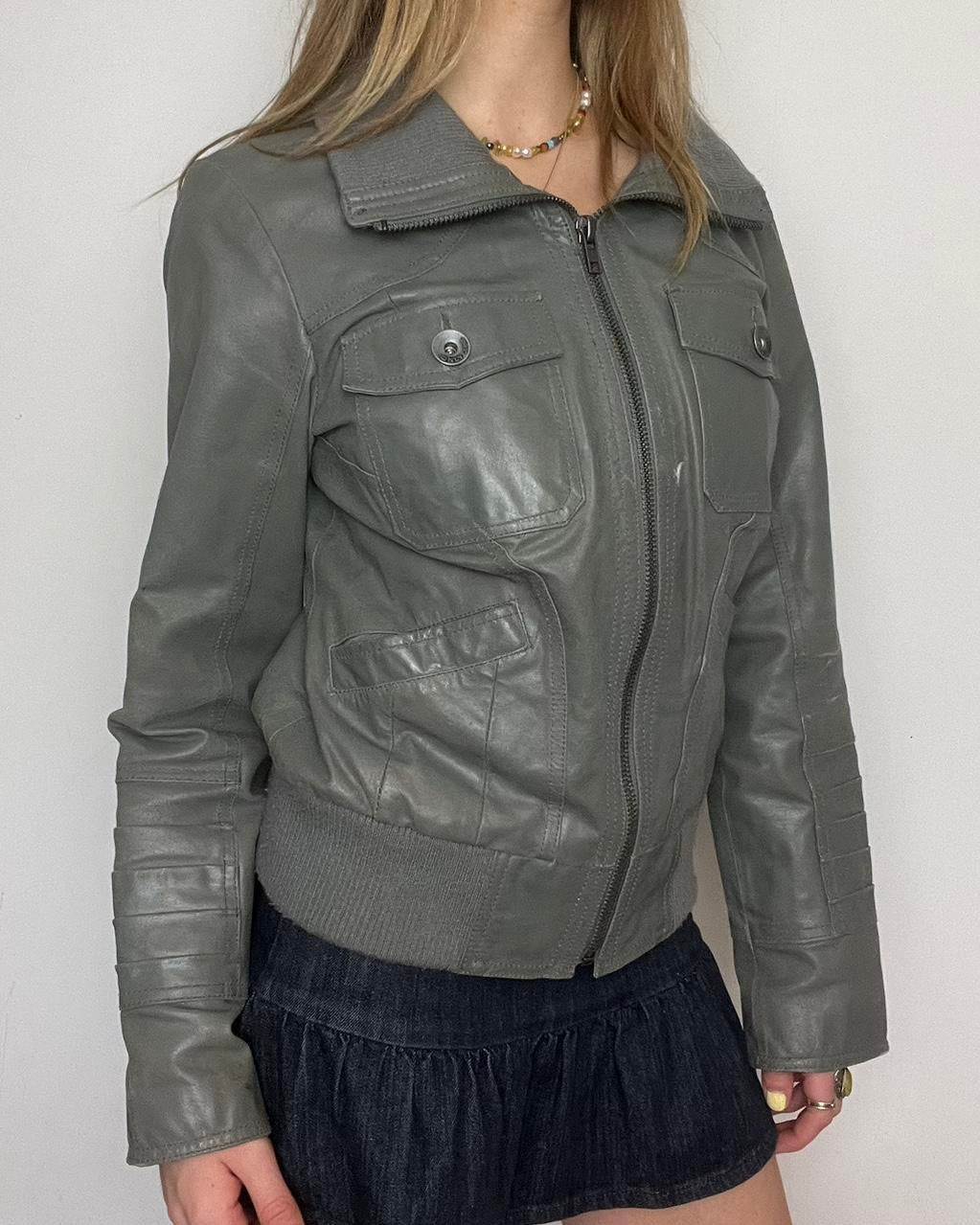 ONLY grey leather bomber jacket