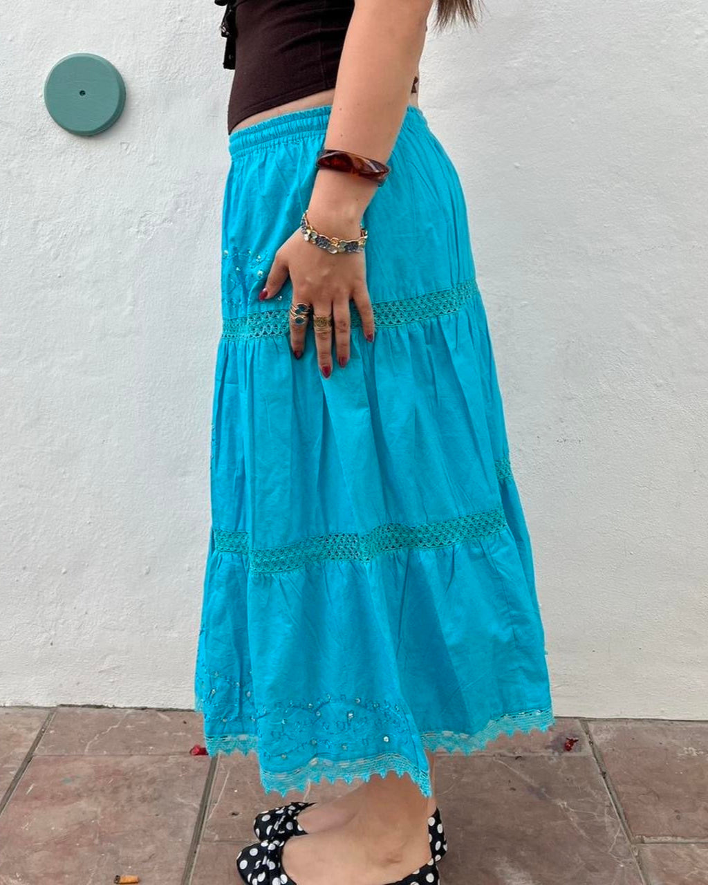 Blue boho sequin midi skirt