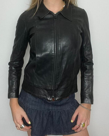 black leather zip up jacket