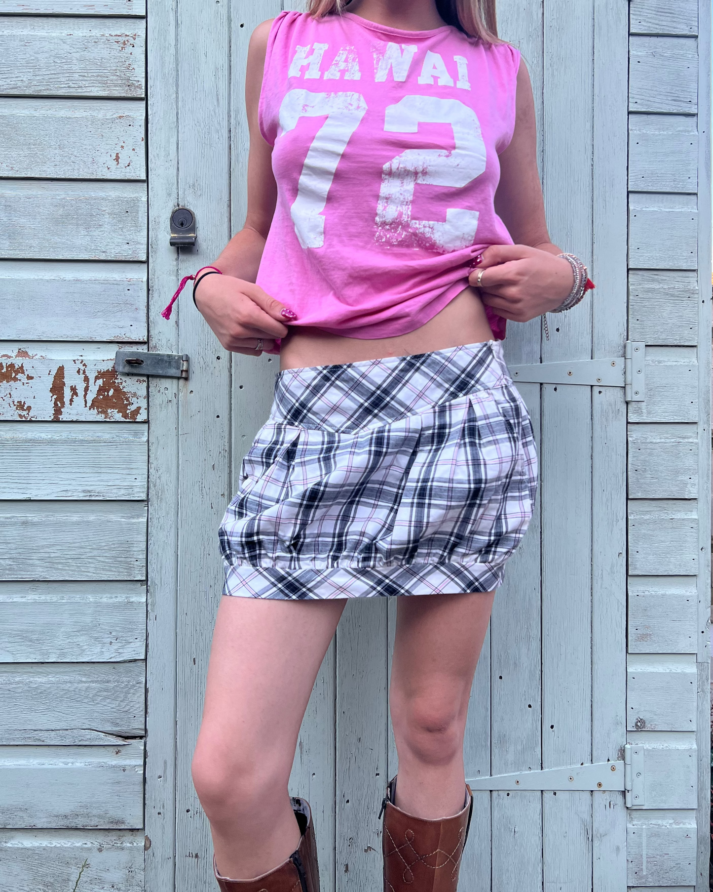 Pink and grey plaid mini skirt