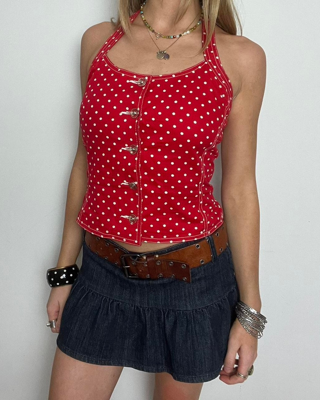 red & white polka dot halter top