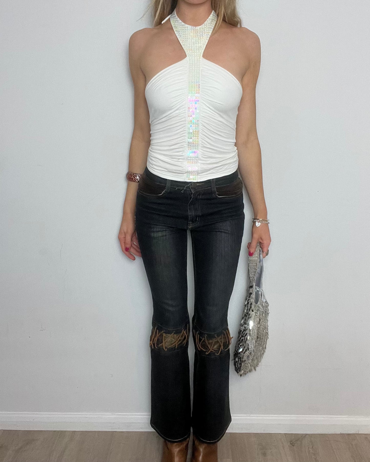 'Sisley' white sequin halter top