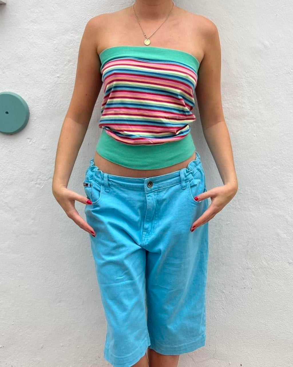 Pink and blue striped bandeau top