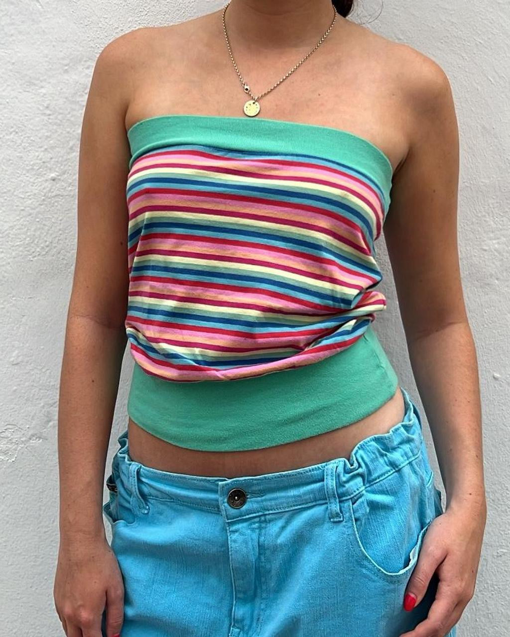 Pink and blue striped bandeau top