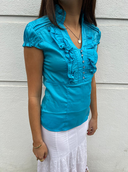 vintage 00s blue short sleeve blouse