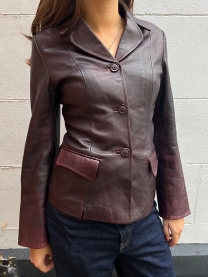 vintage burgundy button up leather jacket