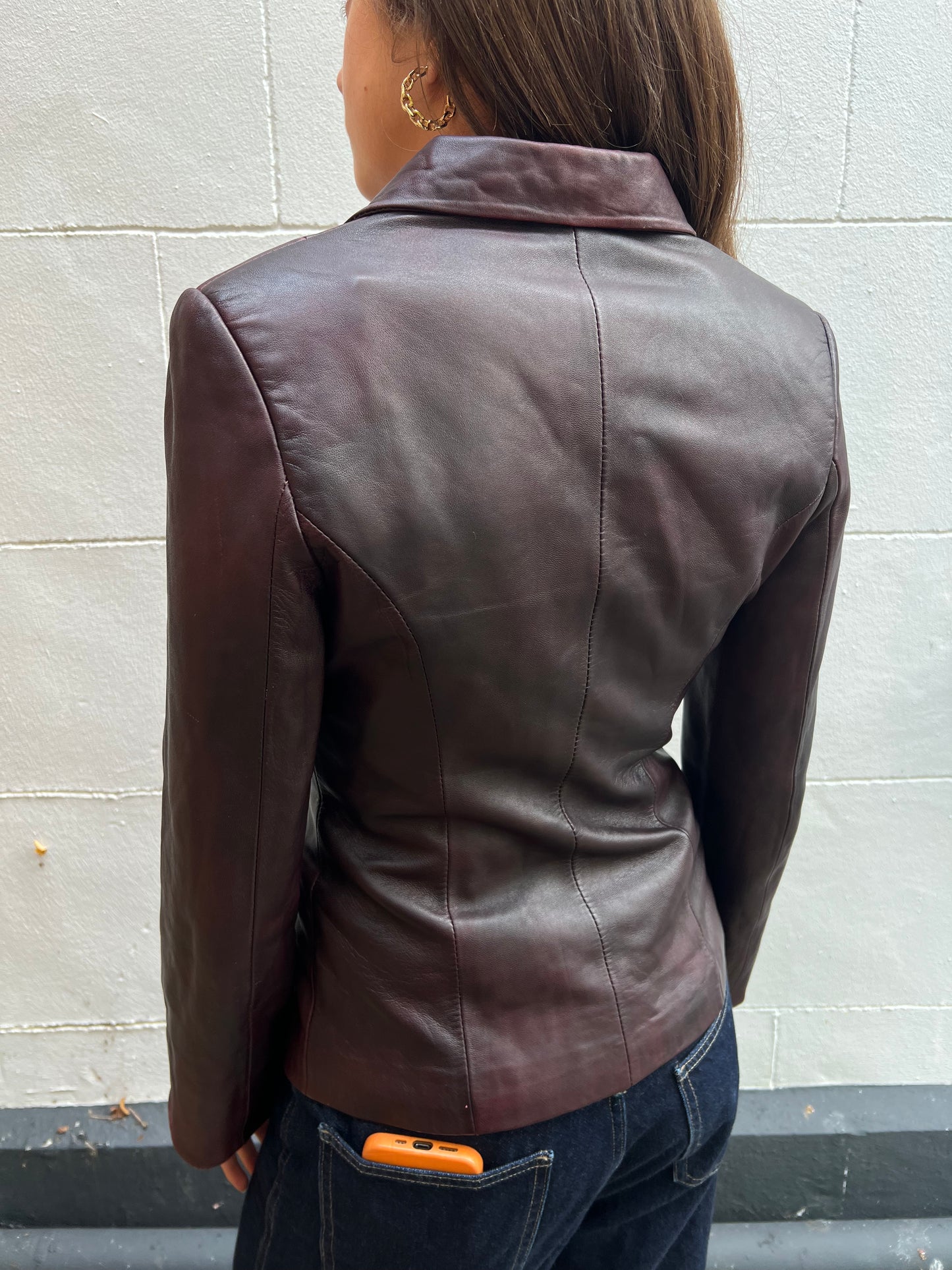 vintage burgundy button up leather jacket