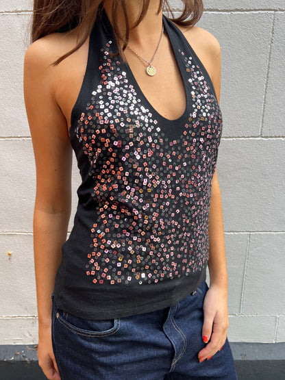 vintage 00s black sequin halter top