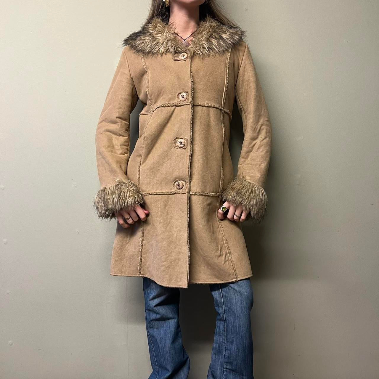 brown faux fur trim afghan coat