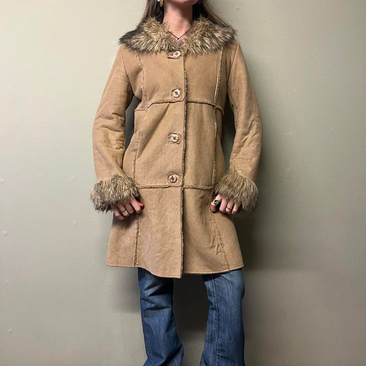 brown faux fur trim afghan coat