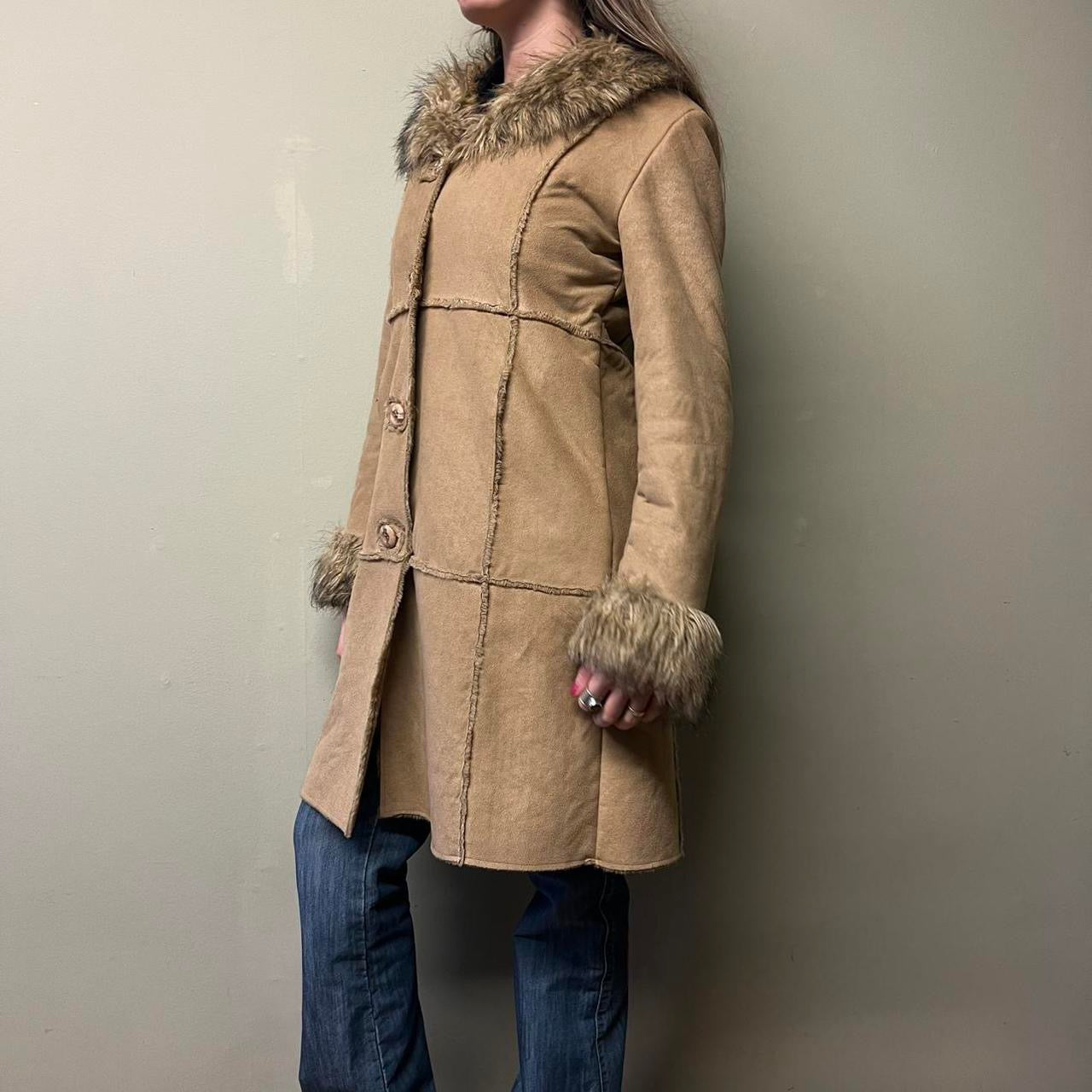 brown faux fur trim afghan coat