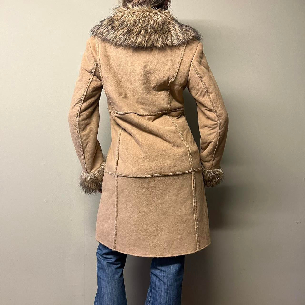brown faux fur trim afghan coat