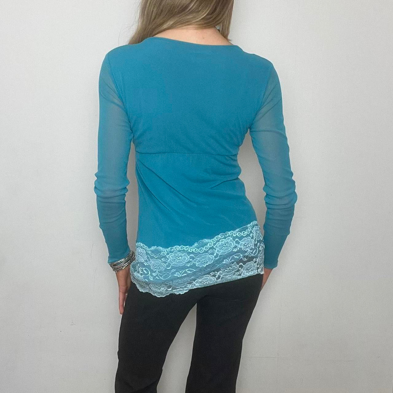 blue lace trim long sleeve top