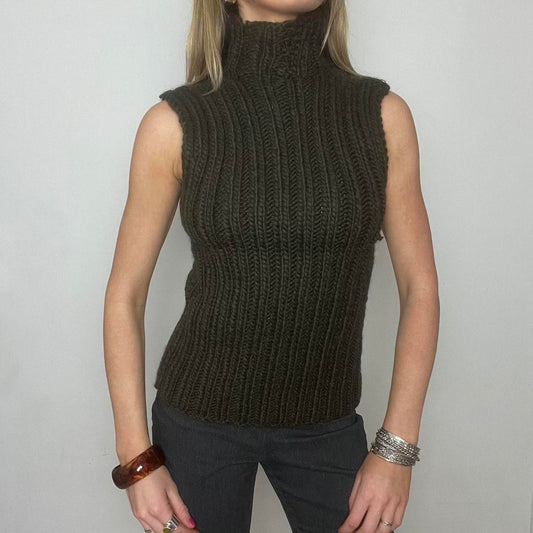 khaki turtleneck knit sleeveless jumper