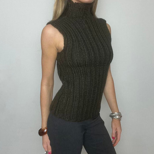 khaki turtleneck knit sleeveless jumper