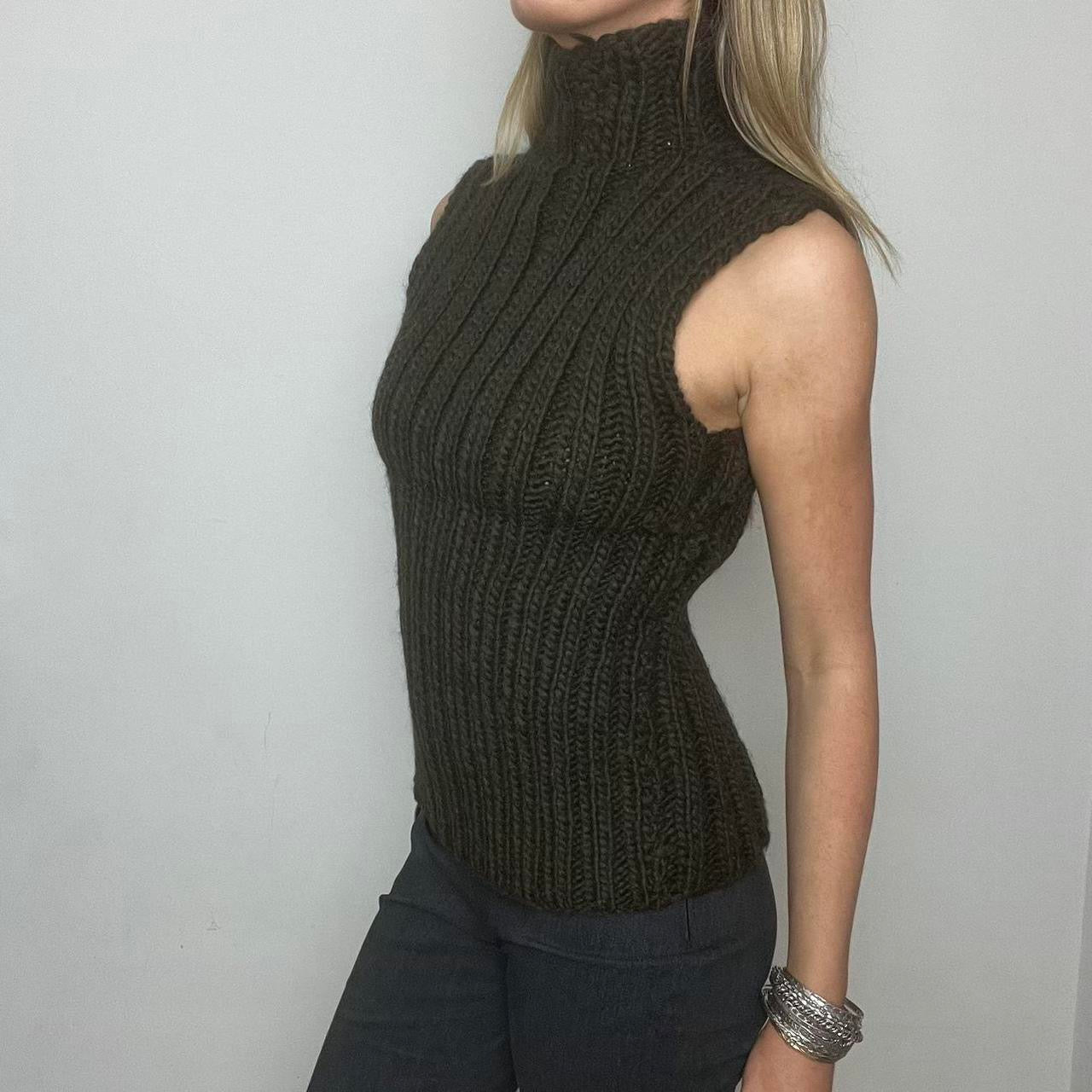 khaki turtleneck knit sleeveless jumper