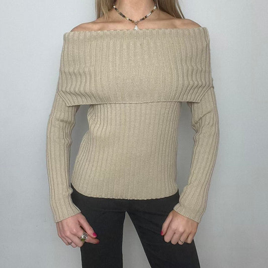 cream off the shoulder knit ribbed jumper