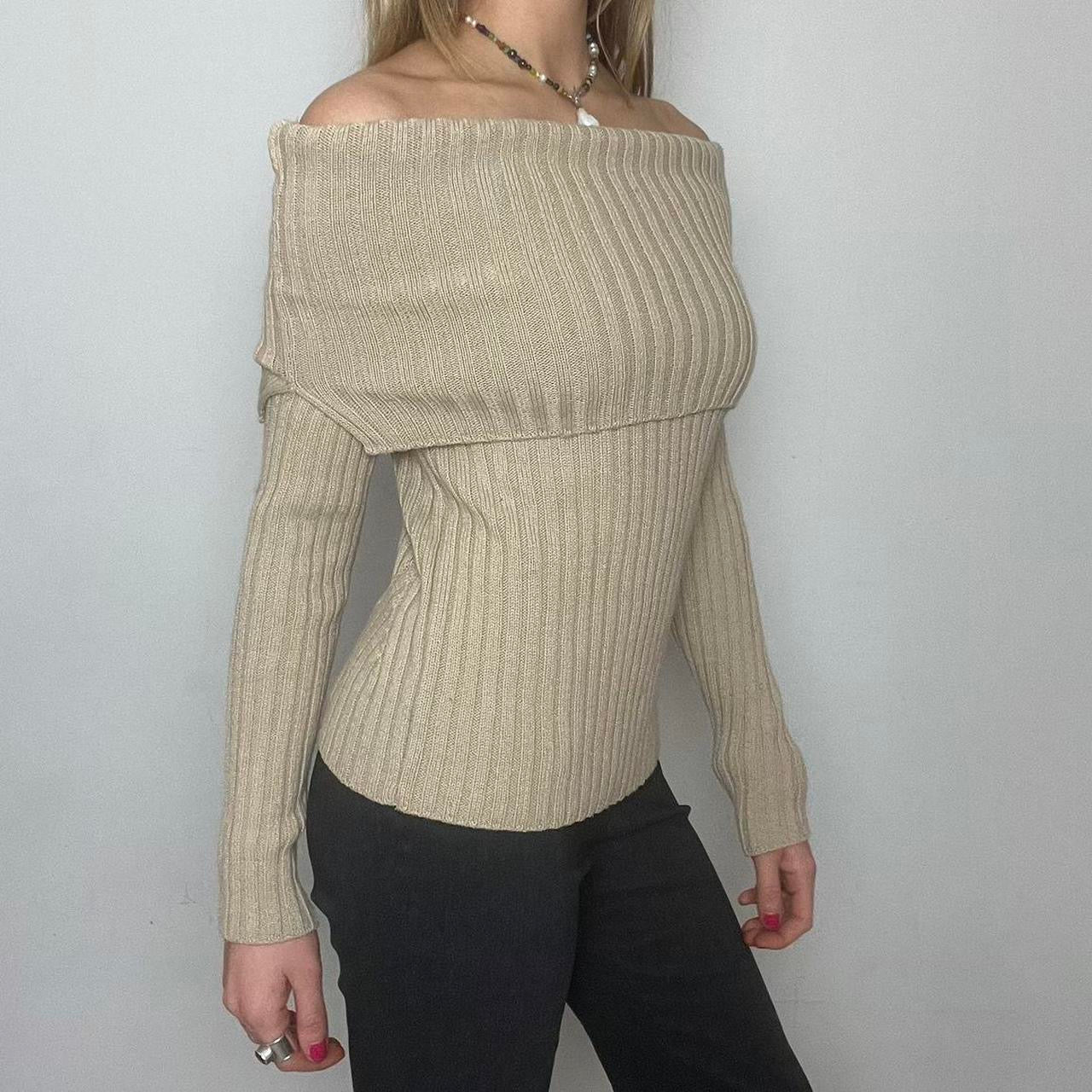 cream off the shoulder knit ribbed jumper