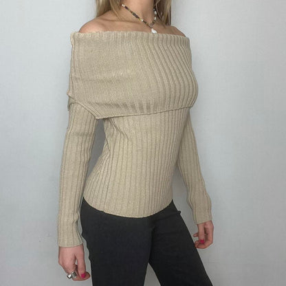 cream off the shoulder knit ribbed jumper