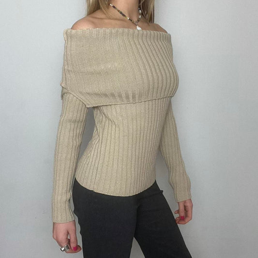 cream off the shoulder knit ribbed jumper