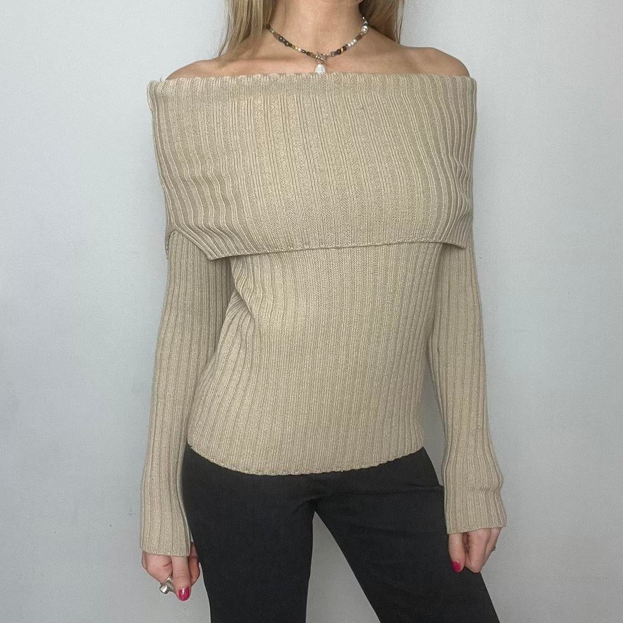 cream off the shoulder knit ribbed jumper