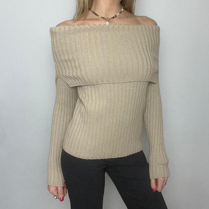 cream off the shoulder knit ribbed jumper