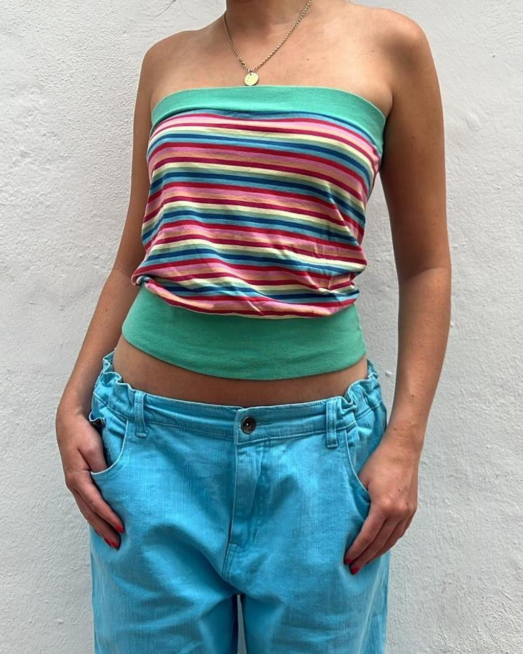 Pink and blue striped bandeau top