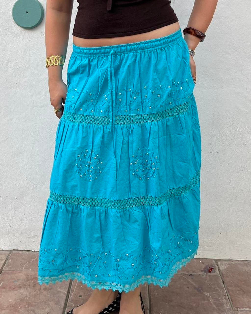 Blue boho sequin midi skirt