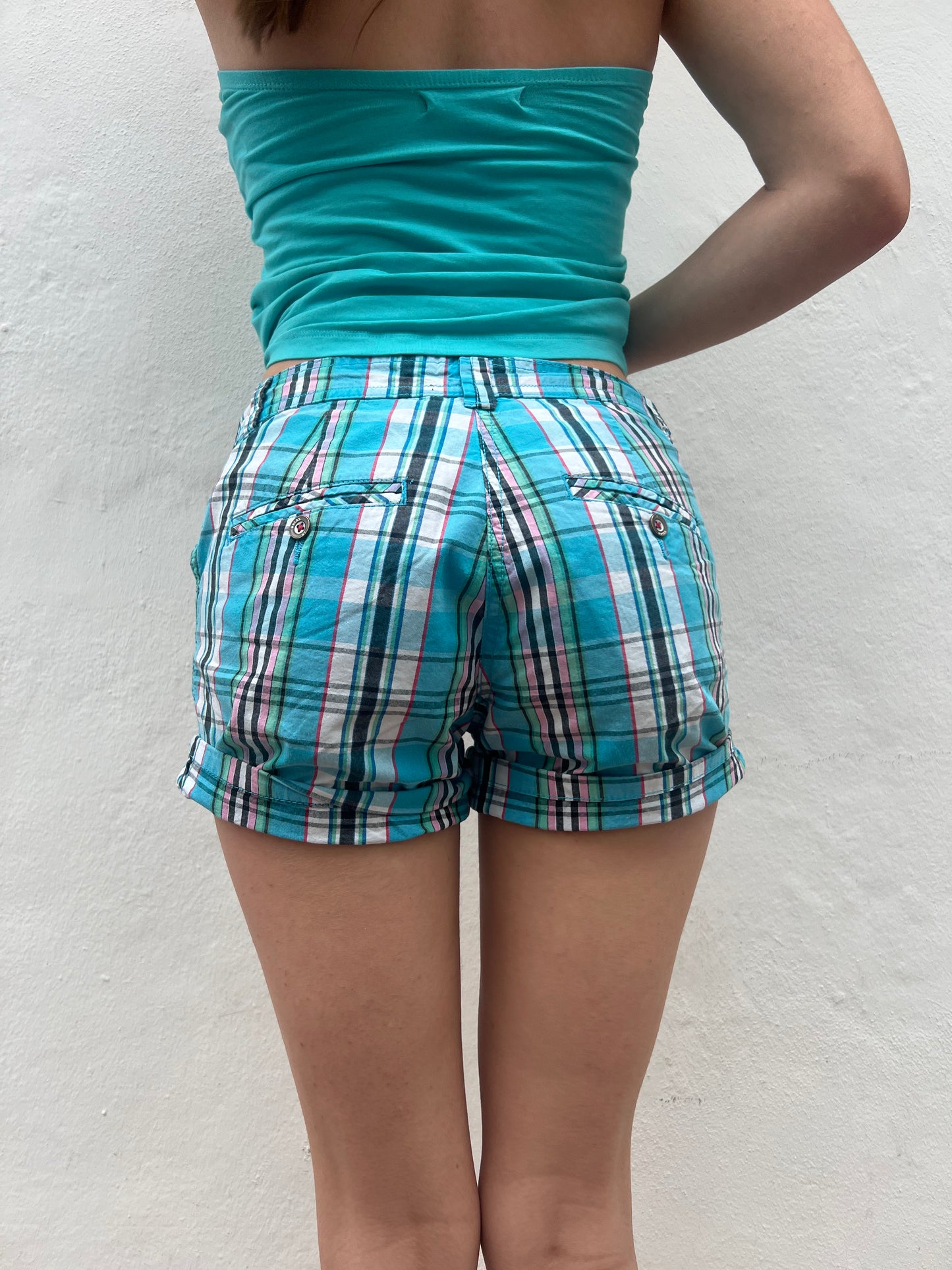 Blue plaid mini shorts