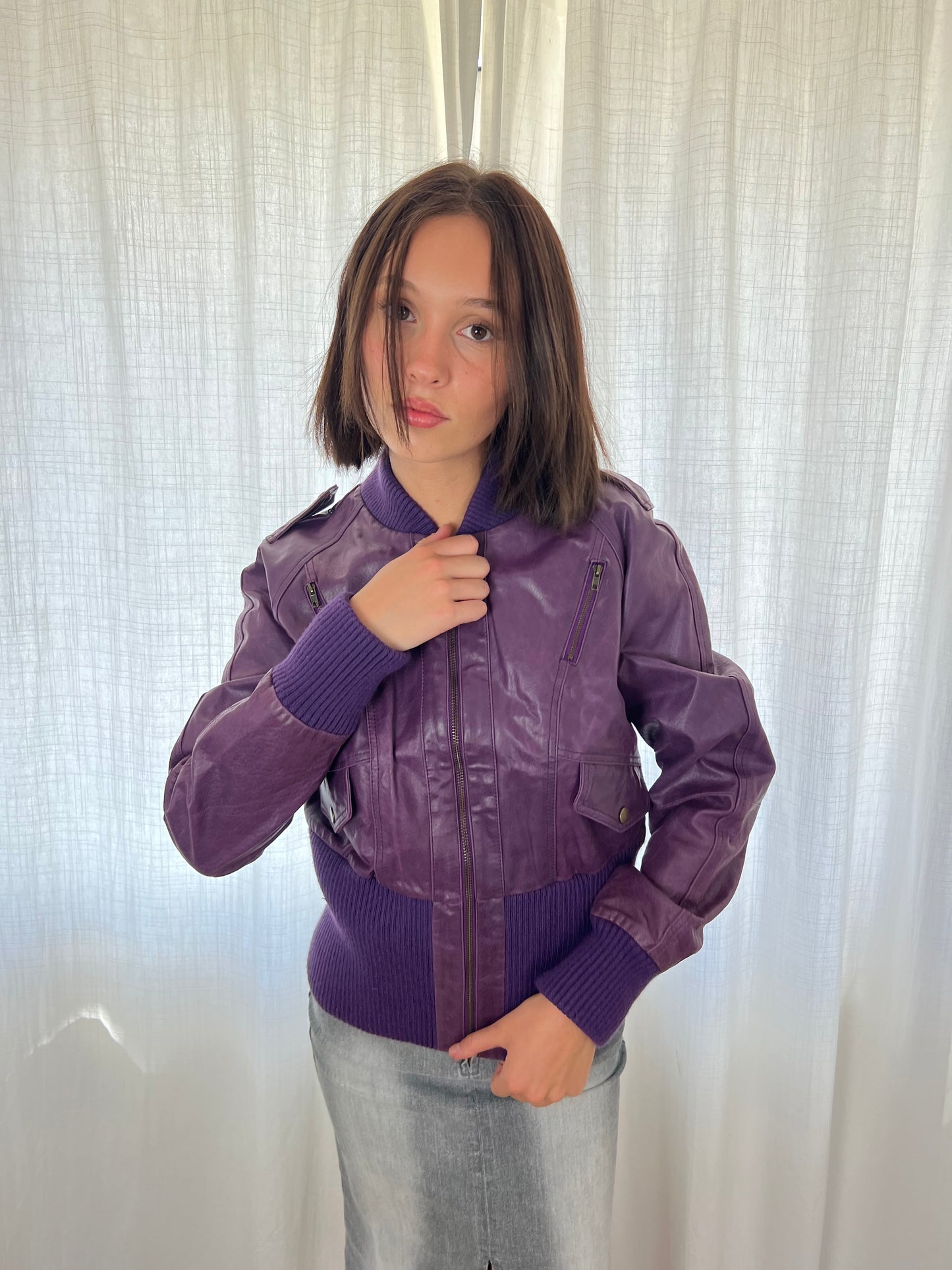 Vero Moda purple leather bomber jacket