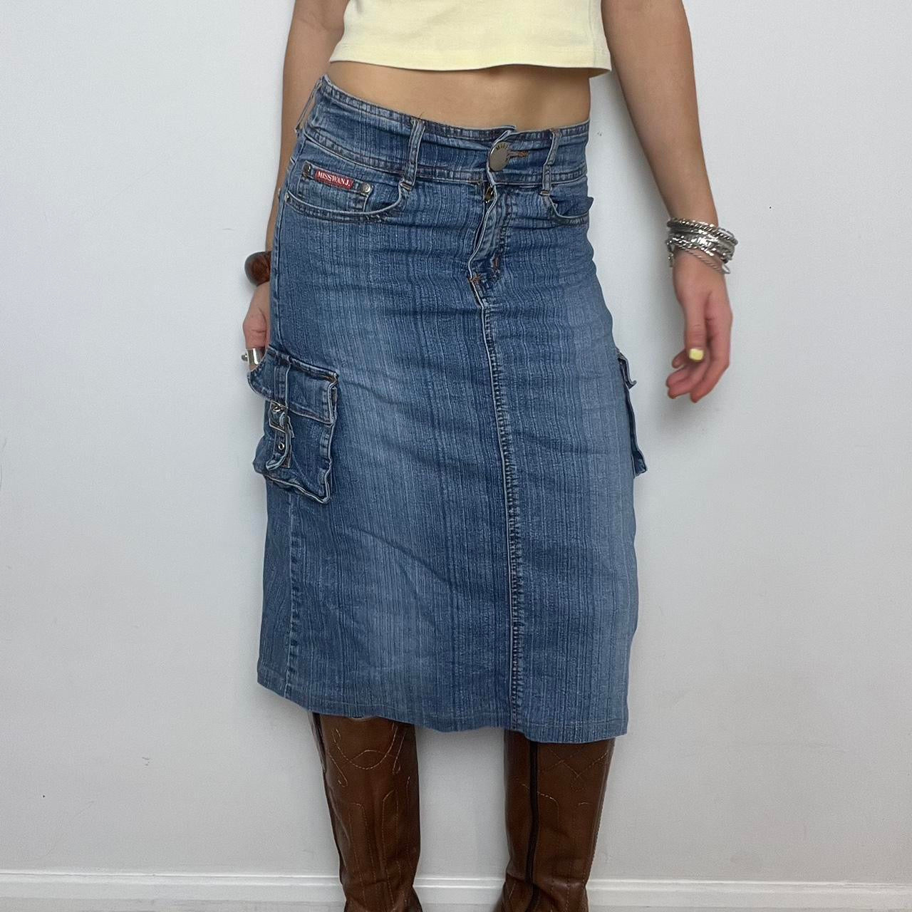 blue denim cargo midi skirt