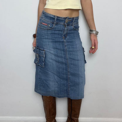 blue denim cargo midi skirt