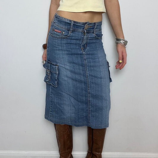 blue denim cargo midi skirt