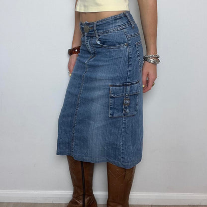 blue denim cargo midi skirt