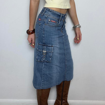 blue denim cargo midi skirt