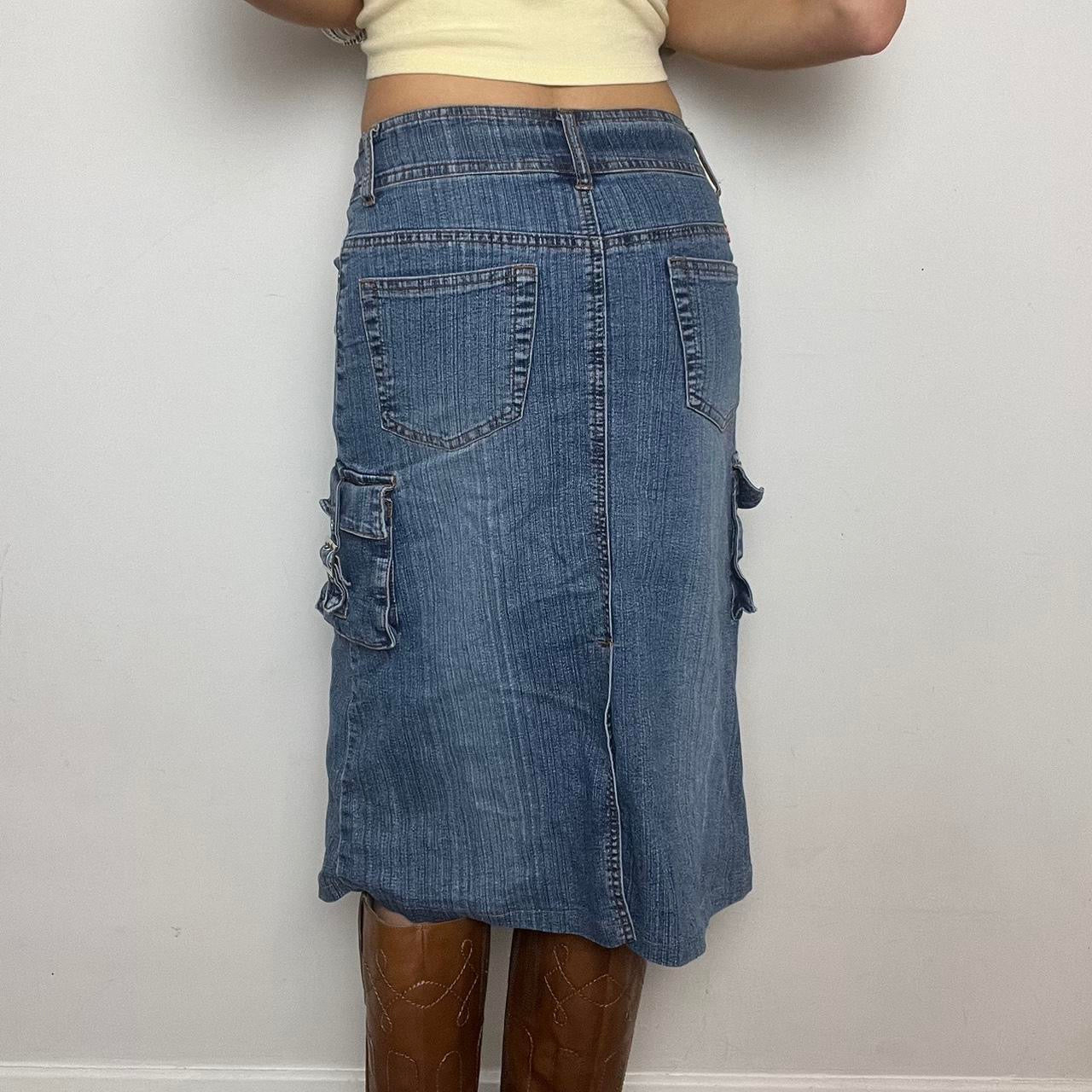 blue denim cargo midi skirt
