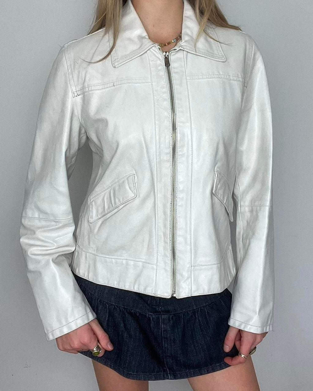 white genuine leather zip up jacket