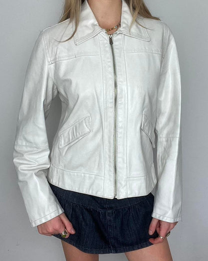 white genuine leather zip up jacket