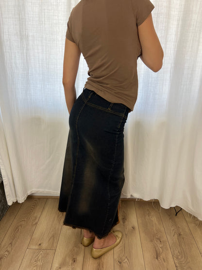 Vintage patchwork denim maxi skirt