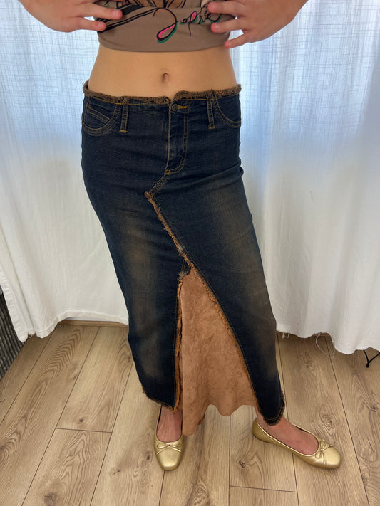 Vintage patchwork denim maxi skirt